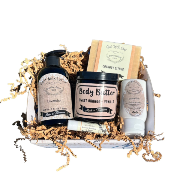 8 oz. Lotions, 2 oz Lotions, 8 oz. All Natural Body Butters, Lip Balms, and fabulous Soaps gift box