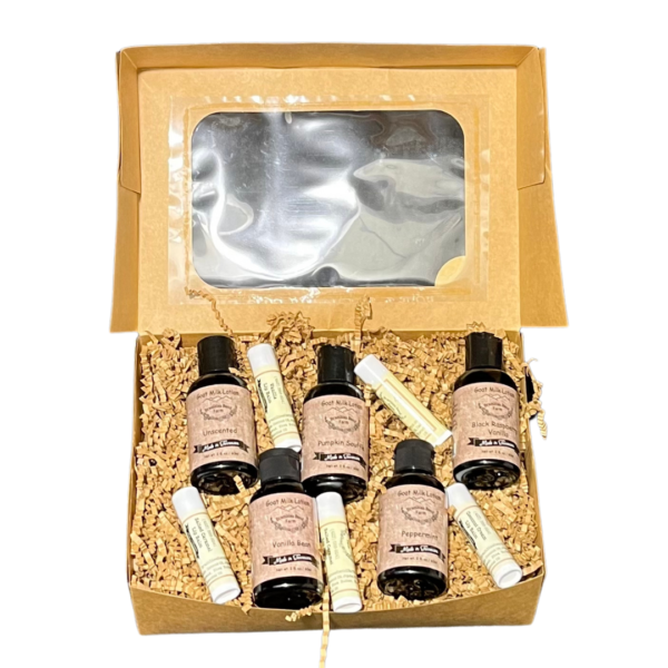 gift box with 5 - 2 oz. Goat Milk Lotions,  and 5 Lip Balms.