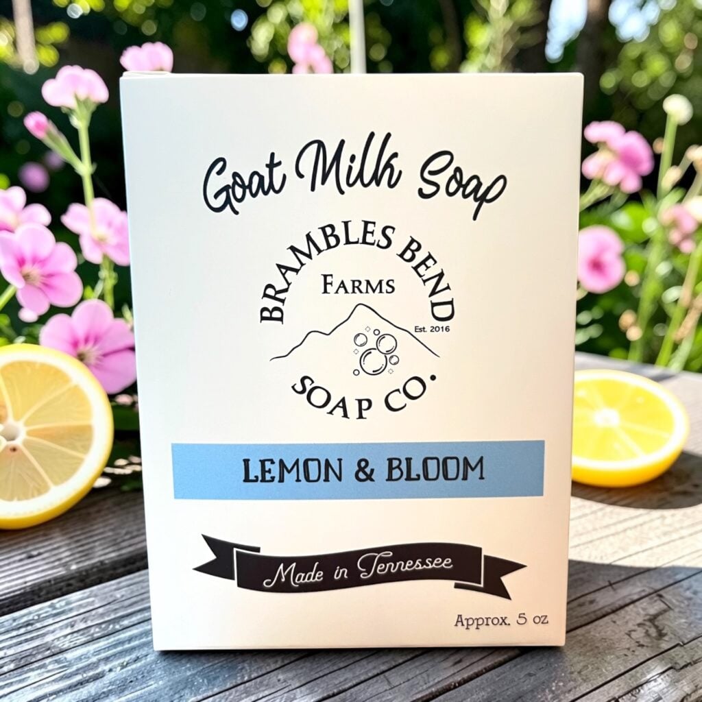 Lemon and Bloom goat milk soap with lemon palmarosa and geranium essential oils