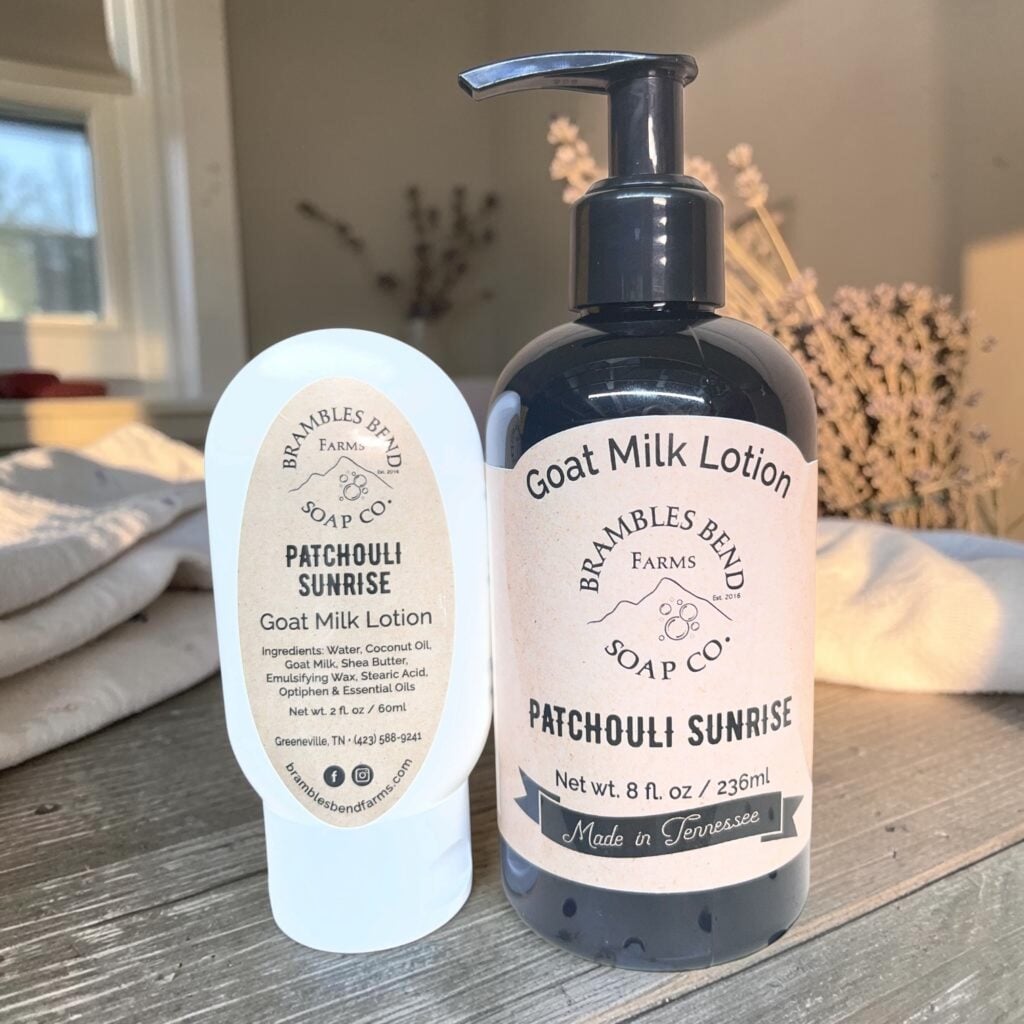 Patchouli Sunrise Goat Milk Lotion – 2 oz and 8 oz bottles