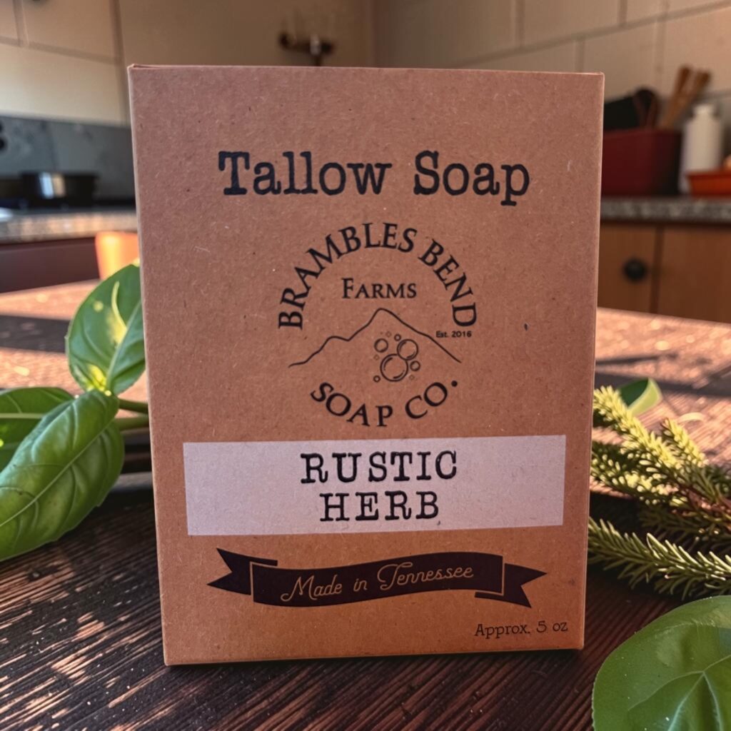 Rustic Herb Tallow Soap with basil rosemary and cedarwood essential oils